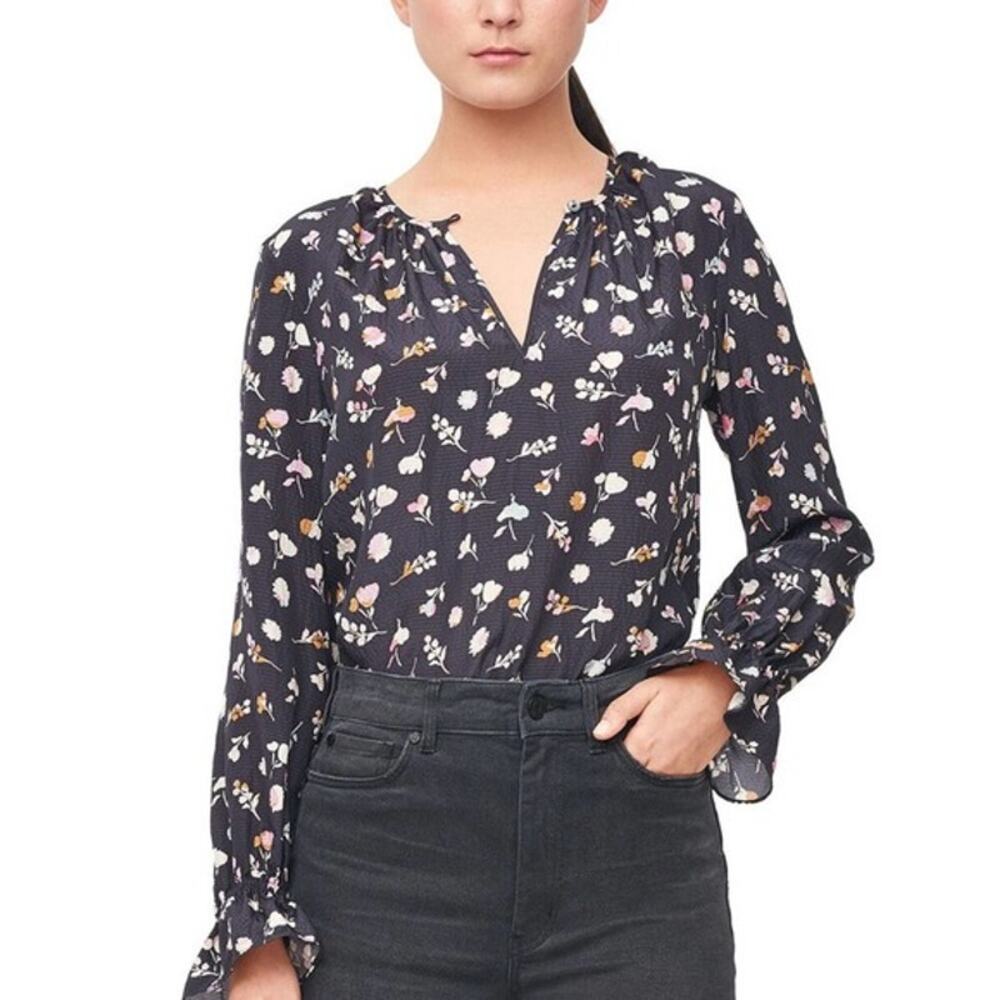 Rebecca Taylor Navy Blue Holly Flower Print Long Sleeve 100% Silk Blouse Size 8
